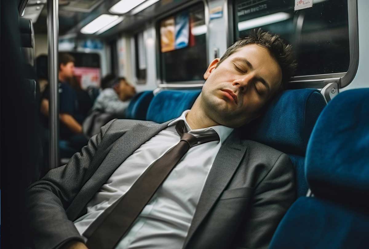 Business Mann im Anzug in der S-Bahn eingeschlafen